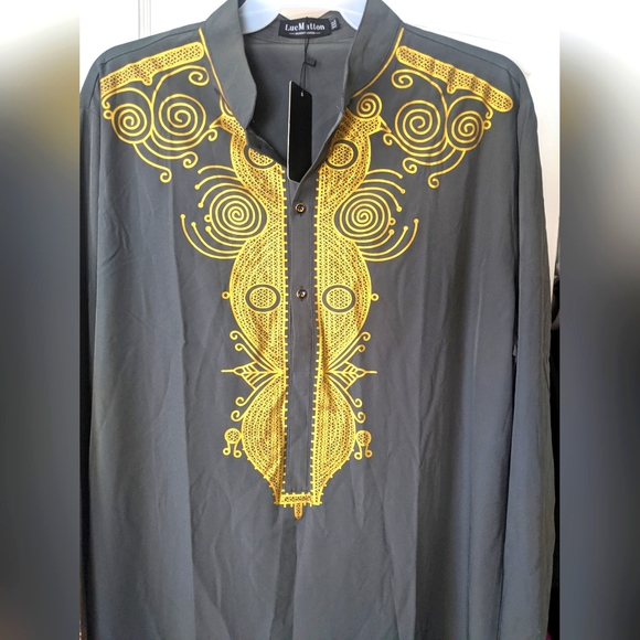 LucMatton Men's African Traditional Dashiki Luxury Metallic Gold Printed - Picture 5 of 7